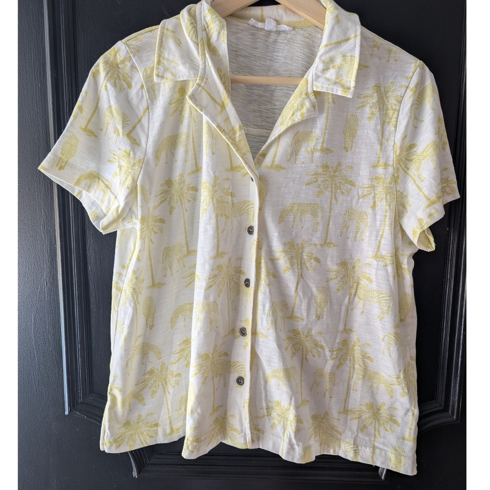 Jane + Delancey White Yellow Palm Tree Zebra Print Short Sleeve Button Up Shirt